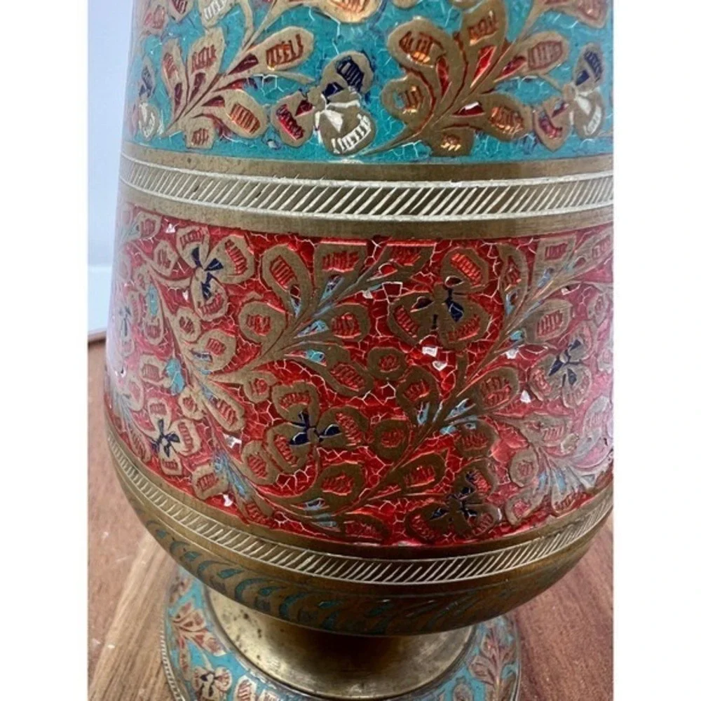 Vintage Brass Enamel Vase Red Teal‎ Floral Embossed Decorative Accent